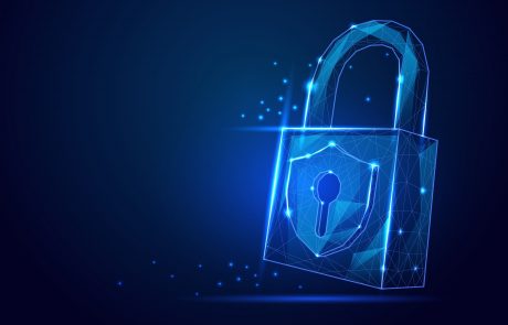 Futuristic,Polygonal,Wireframe,Padlock,With,Glowing,Blue,Shield,And,Keyhole,